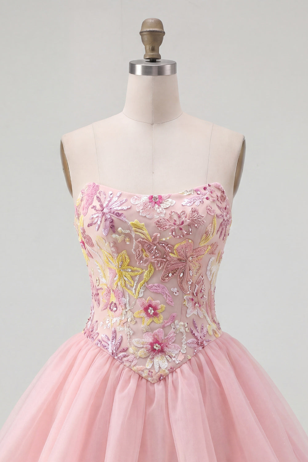 Sparkly Pink A Line Strapless Floral Short Beaded Homecoming Dress