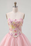 Sparkly Pink A Line Strapless Floral Short Beaded Homecoming Dress