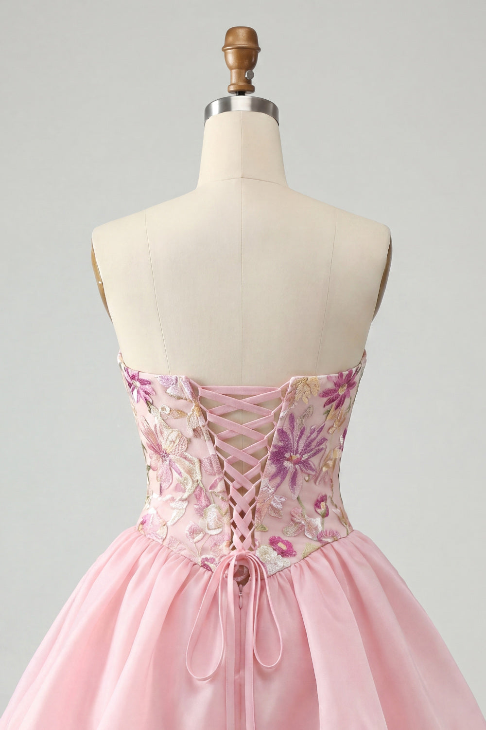 Sparkly Pink A Line Strapless Floral Short Beaded Homecoming Dress