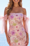 Beaded Strapless Floral Tight Short Sparkly Pink Homecoming Dress with Bows