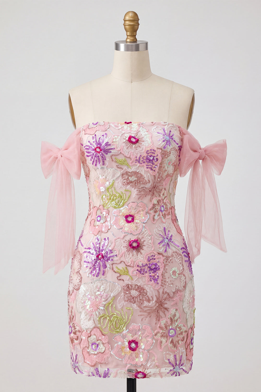 Beaded Strapless Floral Tight Short Sparkly Pink Homecoming Dress with Bows