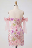 Beaded Strapless Floral Tight Short Sparkly Pink Homecoming Dress with Bows