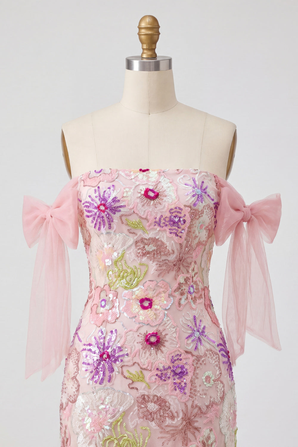 Beaded Strapless Floral Tight Short Sparkly Pink Homecoming Dress with Bows
