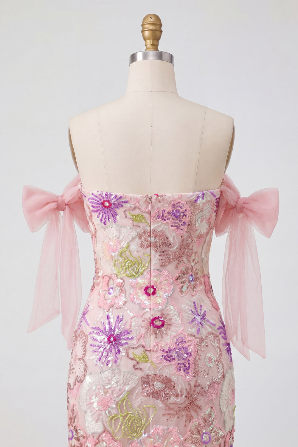Beaded Strapless Floral Tight Short Sparkly Pink Homecoming Dress with Bows
