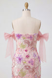 Beaded Strapless Floral Tight Short Sparkly Pink Homecoming Dress with Bows