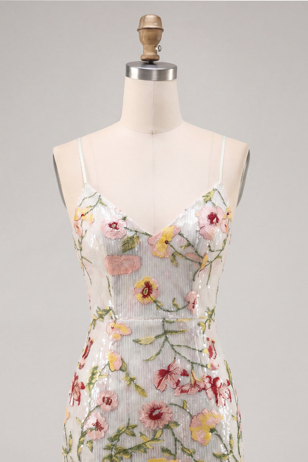 Sparkly Ivory Spaghetti Straps Beaded Floral Tight Short Homecoming Dress