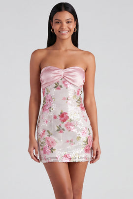 Strapless Sequins Tight Short Sparkly Light Pink Floral Homecoming Dress