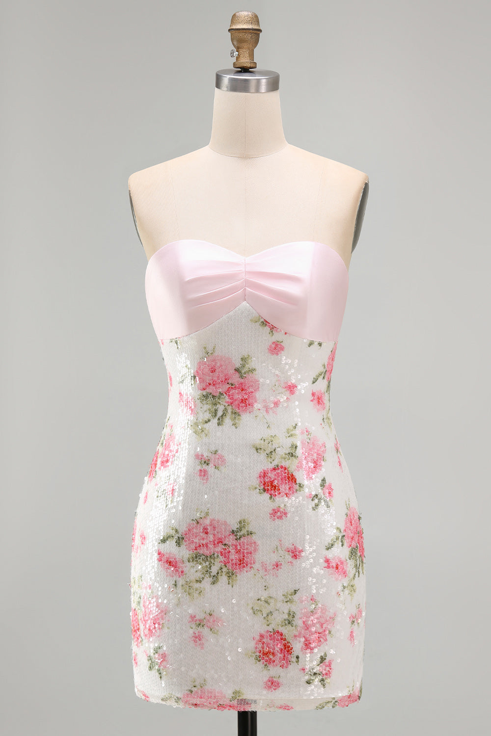 Strapless Sequins Tight Short Sparkly Light Pink Floral Homecoming Dress