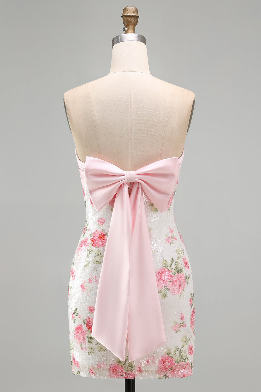 Strapless Sequins Tight Short Sparkly Light Pink Floral Homecoming Dress