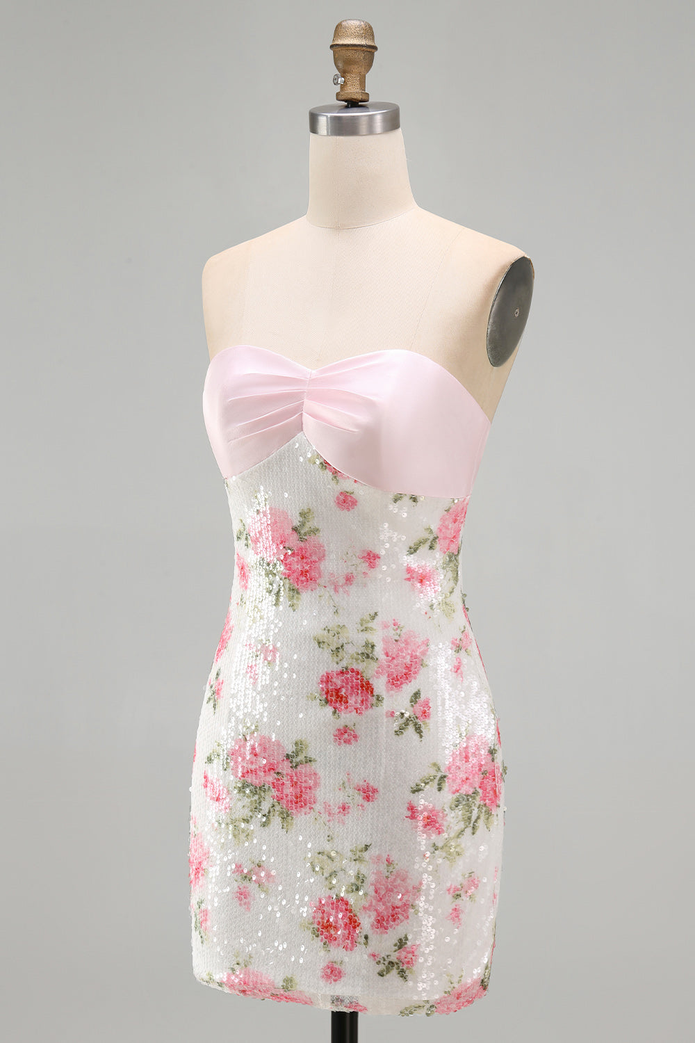 Strapless Sequins Tight Short Sparkly Light Pink Floral Homecoming Dress