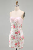 Strapless Sequins Tight Short Sparkly Light Pink Floral Homecoming Dress