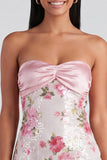 Strapless Sequins Tight Short Sparkly Light Pink Floral Homecoming Dress