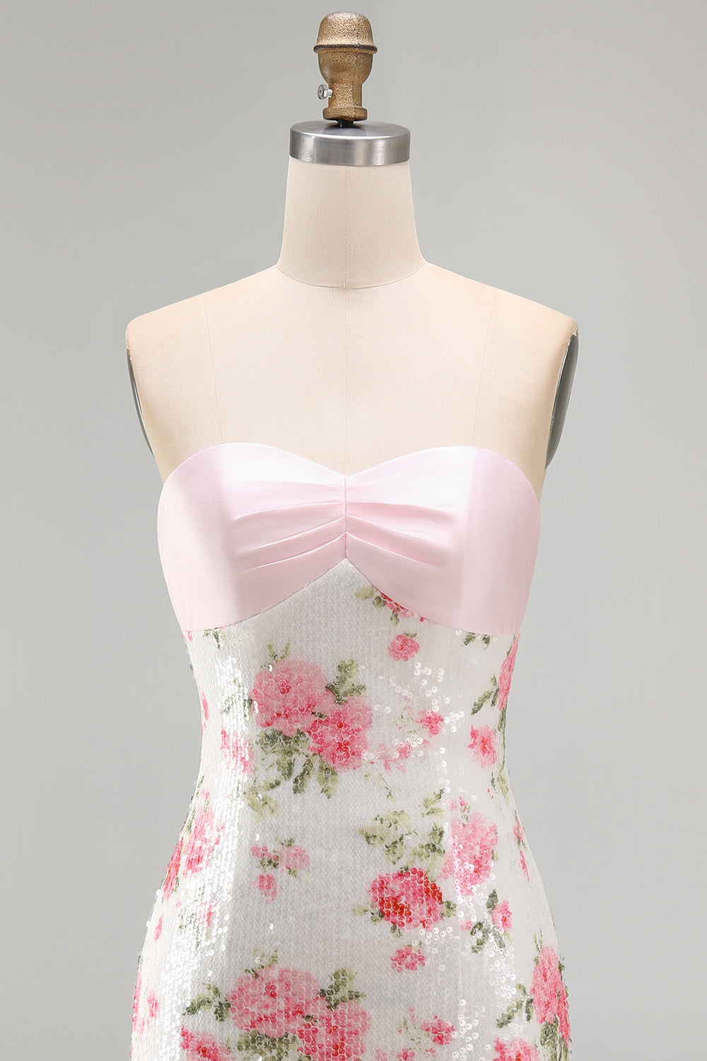 Strapless Sequins Tight Short Sparkly Light Pink Floral Homecoming Dress