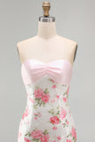 Strapless Sequins Tight Short Sparkly Light Pink Floral Homecoming Dress