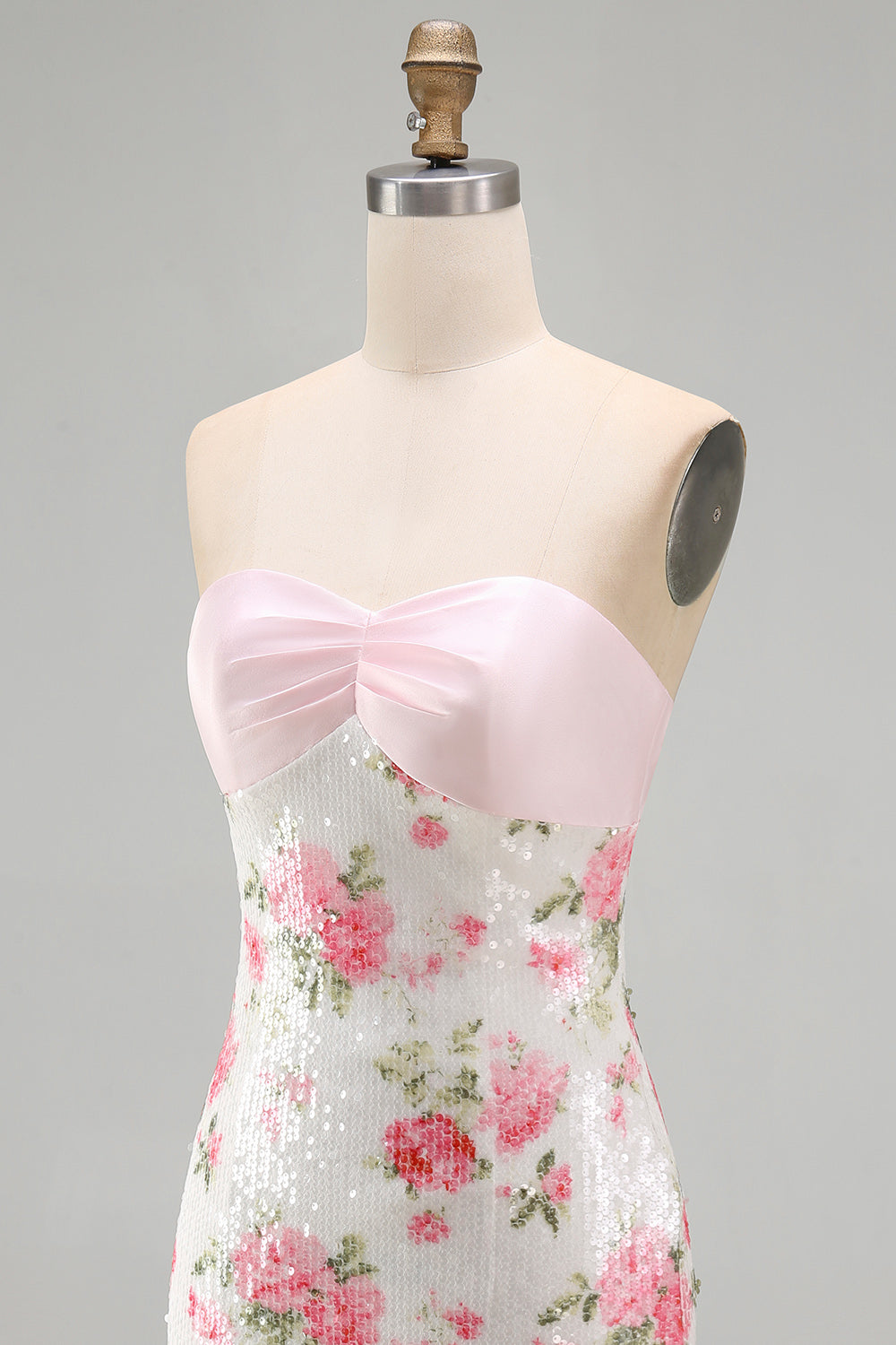Strapless Sequins Tight Short Sparkly Light Pink Floral Homecoming Dress