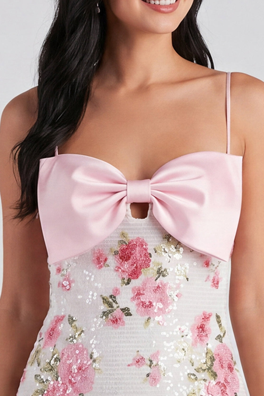 Sequins Floral Tight Short Sparkly Light Pink Homecoming Dress with Bow