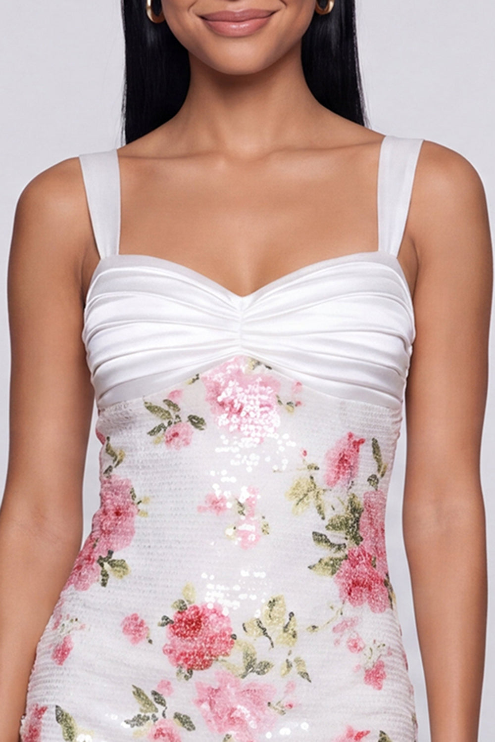 Sparkly Ivory Sequins Floral Thick Straps Short Tight Homecoming Dress