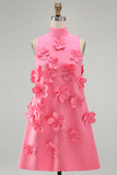 Hot Pink Short Floral High Neck A Line Homecoming Dress
