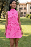 Hot Pink Short Floral High Neck A Line Homecoming Dress
