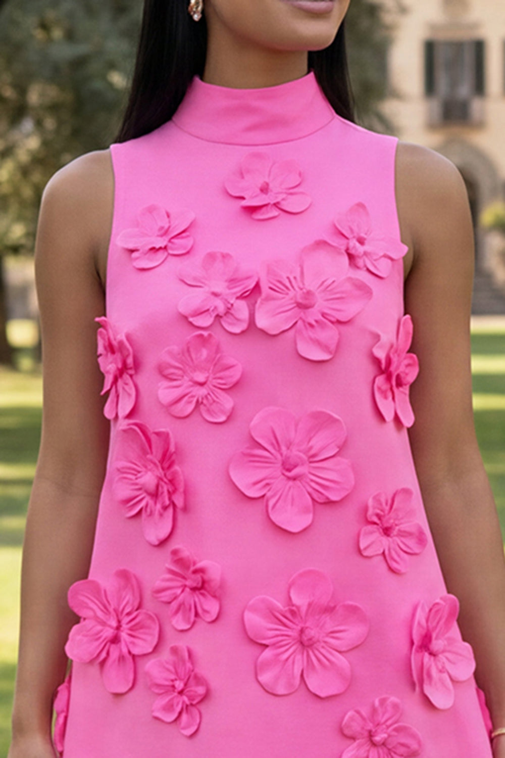 Hot Pink Short Floral High Neck A Line Homecoming Dress