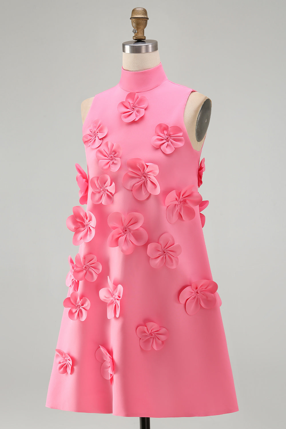 Hot Pink Short Floral High Neck A Line Homecoming Dress