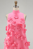 Hot Pink Short Floral High Neck A Line Homecoming Dress