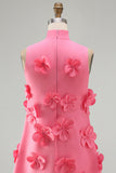 Hot Pink Short Floral High Neck A Line Homecoming Dress