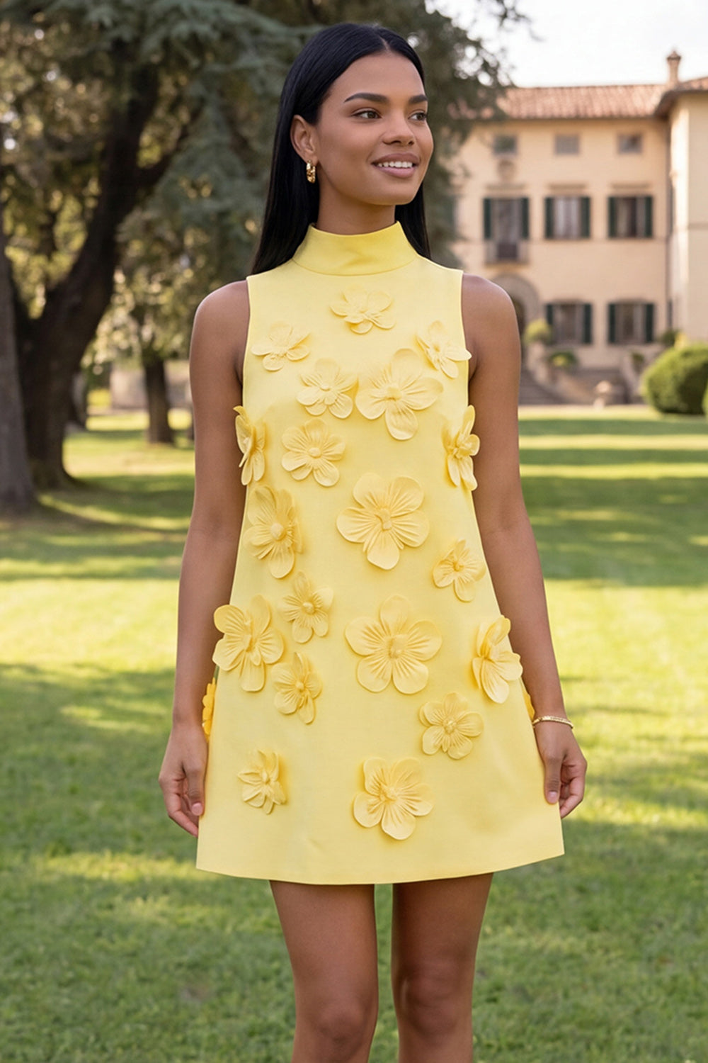 Hot Pink Short Floral High Neck A Line Homecoming Dress