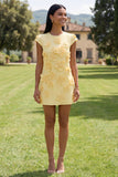 Butter Yellow Short Floral Round Neck Homecoming Dress with Sleeves