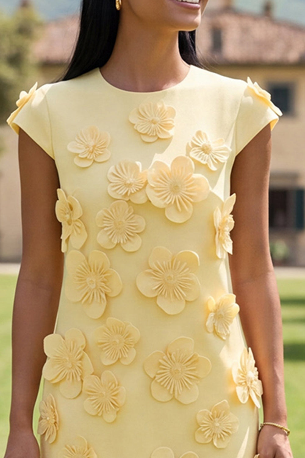 Butter Yellow Short Floral Round Neck Homecoming Dress with Sleeves