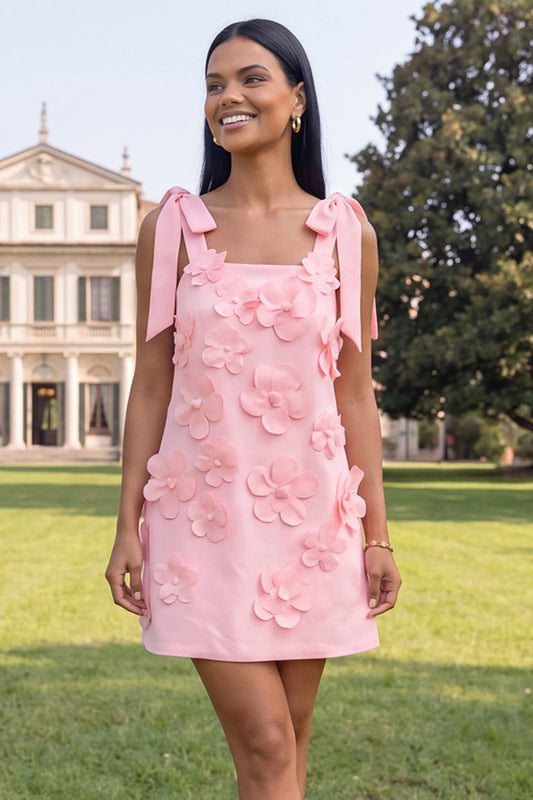 Pink Short Floral Thick Straps A Line Homecoming Dress with Bows