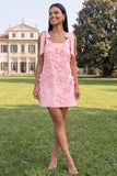 Pink Short Floral Thick Straps A Line Homecoming Dress with Bows
