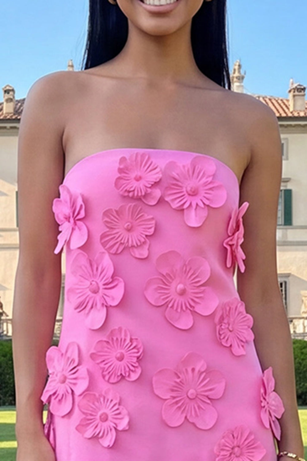 Hot Pink Short Floral Strapless Homecoming Dress