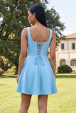 Blue Short Floral Square Neck A Line Homecoming Dress with Pockets