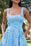 Blue Short Floral Square Neck A Line Homecoming Dress with Pockets