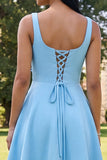 Blue Short Floral Square Neck A Line Homecoming Dress with Pockets