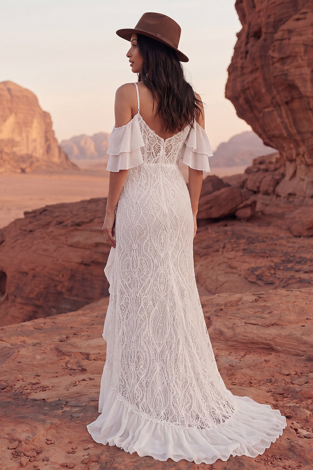 Ivory Ruffled Mermaid Sweep Train Lace Boho Wedding Dress with Slit