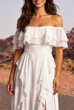 Off the Shoulder Ivory A Line Floor Length Beach Wedding Dress with Ruffles
