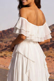Off the Shoulder Ivory A Line Floor Length Beach Wedding Dress with Ruffles