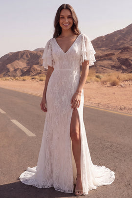 V-Neck Floral Ivory Mermaid Sweep Train Lace Boho Wedding Dress with Slit