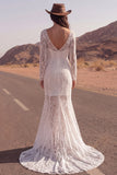 Long Sleeves Ivory Mermaid Boat Neck Sweep Train Lace Boho Wedding Dress