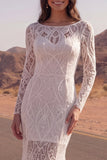 Long Sleeves Ivory Mermaid Boat Neck Sweep Train Lace Boho Wedding Dress