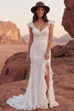Sweep Train Lace V-Neck Ivory Mermaid Boho Wedding Dress with Ruffles