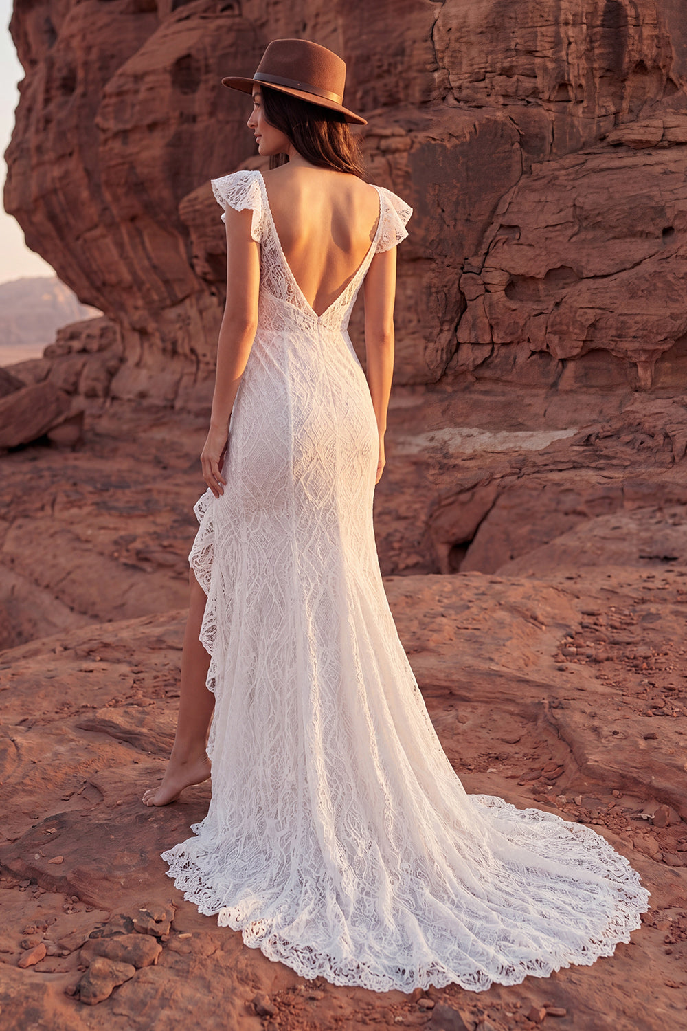 Sweep Train Lace V-Neck Ivory Mermaid Boho Wedding Dress with Ruffles