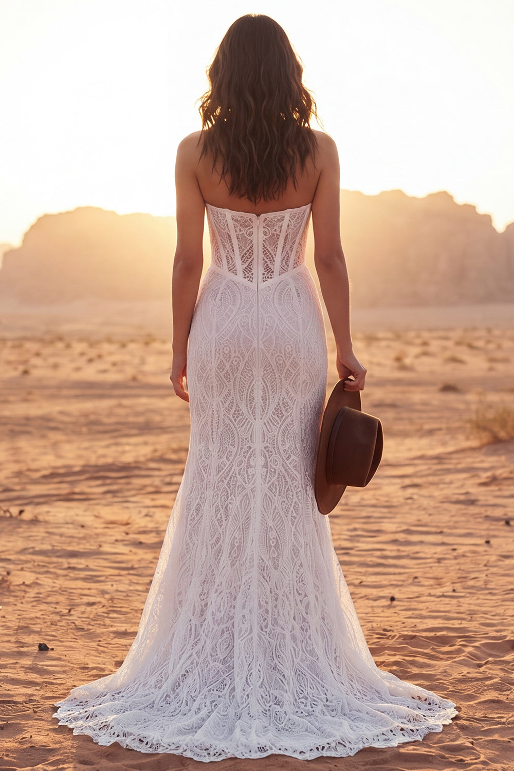 Corset Strapless Ivory Mermaid Sweep Train Floral Lace Boho Wedding Dress with Slit