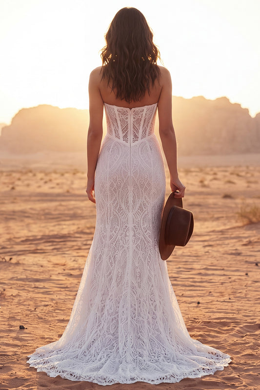 Corset Strapless Ivory Mermaid Sweep Train Floral Lace Boho Wedding Dress with Slit