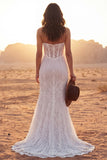 Corset Strapless Ivory Mermaid Sweep Train Floral Lace Boho Wedding Dress with Slit