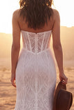 Corset Strapless Ivory Mermaid Sweep Train Floral Lace Boho Wedding Dress with Slit