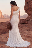 One Shoulder Mermaid Sweep Train Ivory Ruffled Lace Boho Wedding Dress with Slit