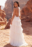 Halter Ivory A Line Sweep Train Ruffled Beach Wedding Dress with 3D Flower